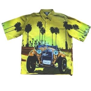 ZAM Collection car and palm trees button up graphic shirt yellow size 2XL
